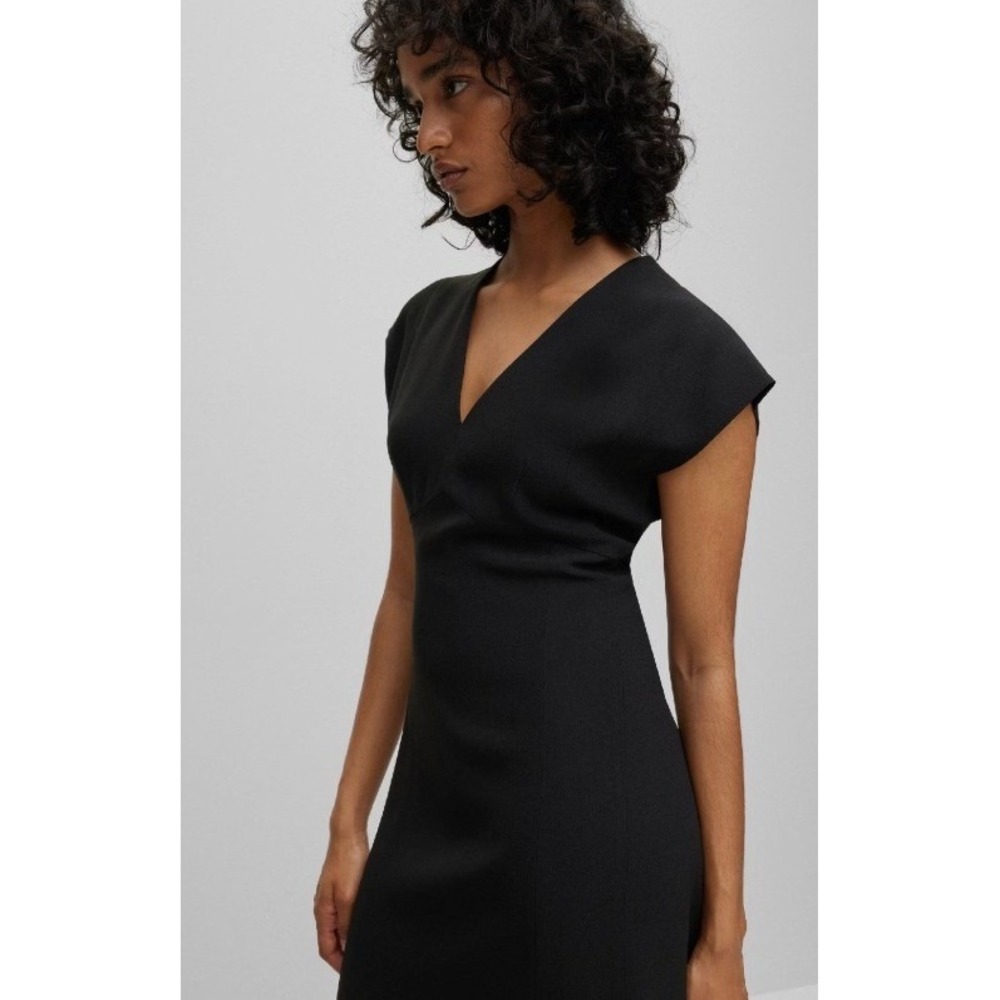 BOSS Debrany2 Dress Womens 12 Black Minimalist Knee Length V-Neck Cap Sleeve